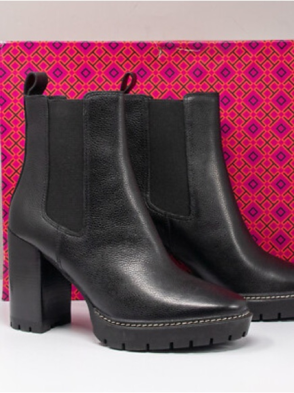 Tory Burch Carson Lug Black Leather Chelsea Ankle Boots